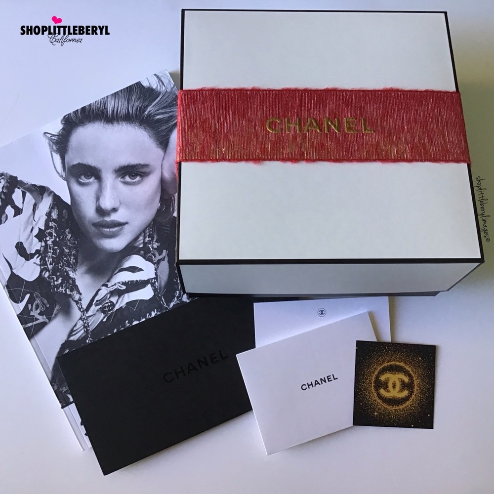 CHANEL Gift Box, Red & Gold Metallic Ribbon & Cards, 9 Piece Set, Black & White